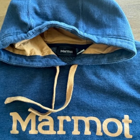 Marmot Hoodie Mens Medium L/S Blue Spell out Pullover Sweater Sweatshirt Hiking - Picture 3 of 7
